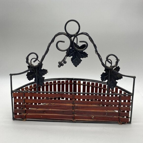 Wall Pocket Basket Semicircle Wood‎ Metal Grape Leaf Scroll Stick Slats Wine - Picture 7 of 15